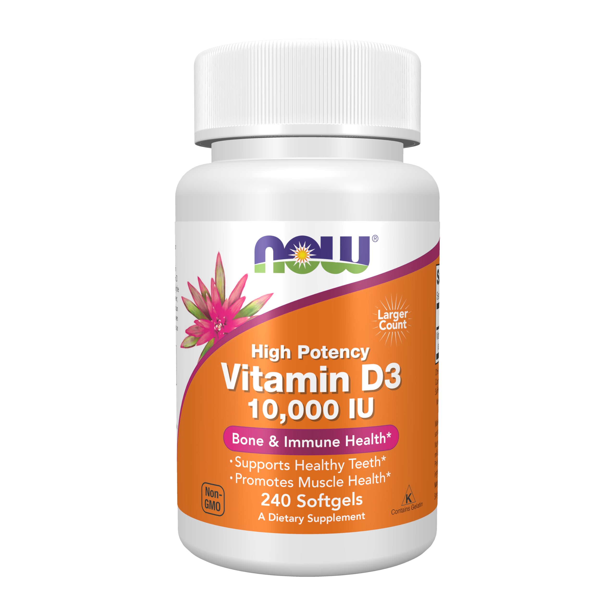 NOW Foods Vitamina D3 Frontal de la botella, apoyo diario para huesos sanos.