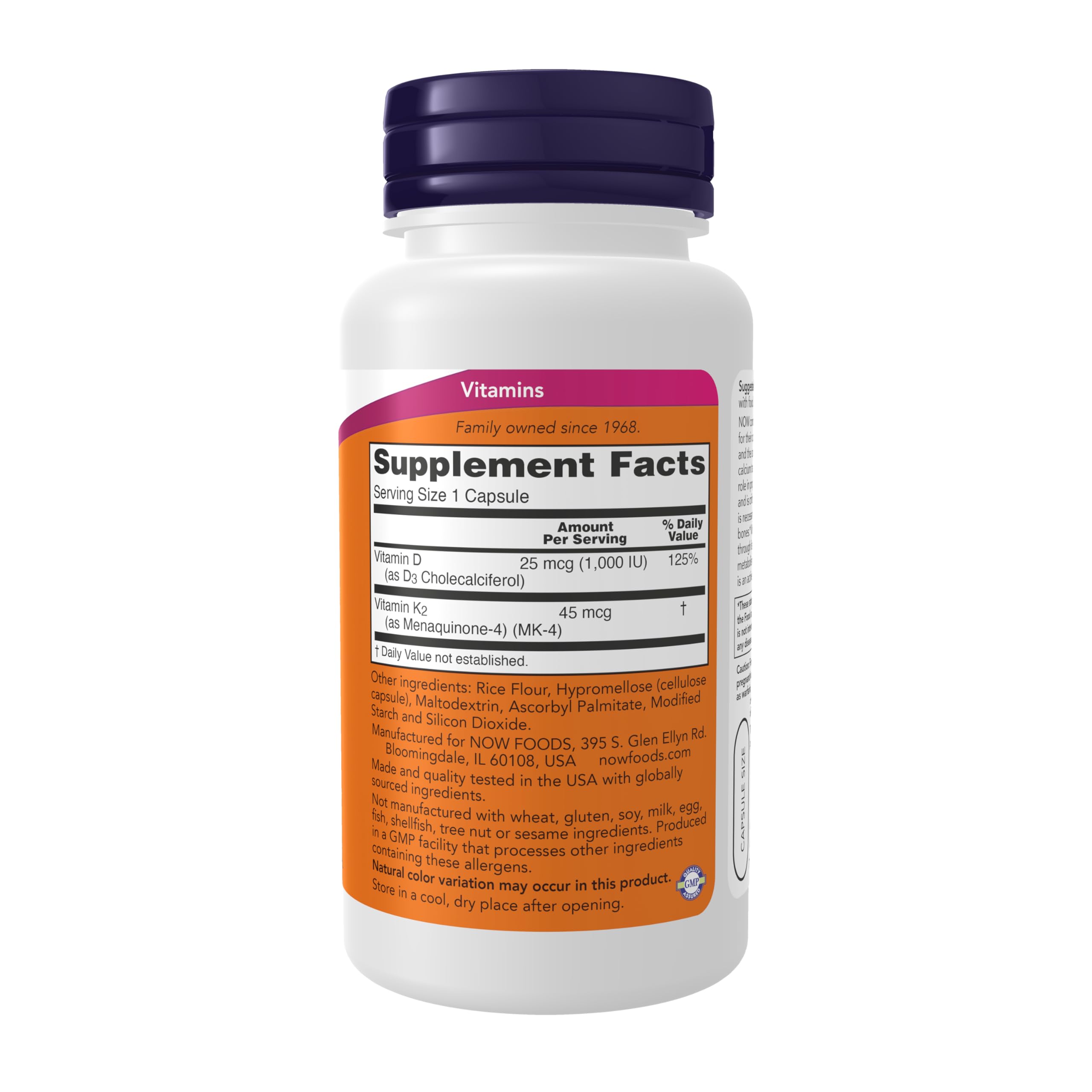 NOW Foods Vitamina D3-K2: frasco de 120 cápsulas vegetales para uso diario.