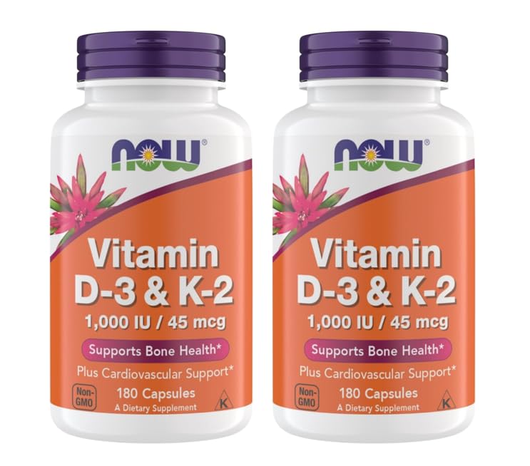 NOW Foods Vitamina D3 K2, botella de cápsulas, apoyo diario a la salud ósea y dental.