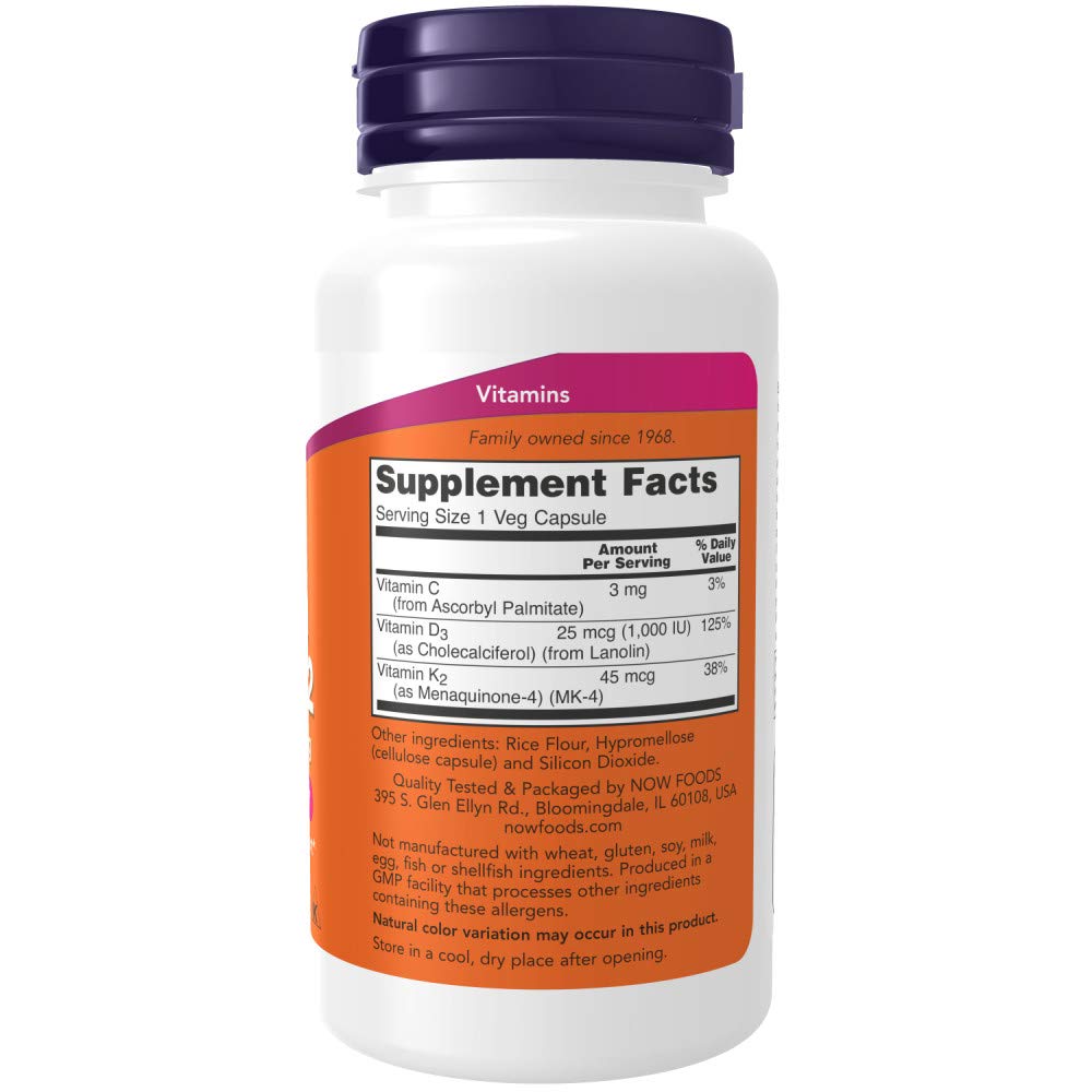 NOW Foods D3-K2, dosis de 1000 UI y 45 mcg para soporte diario de huesos