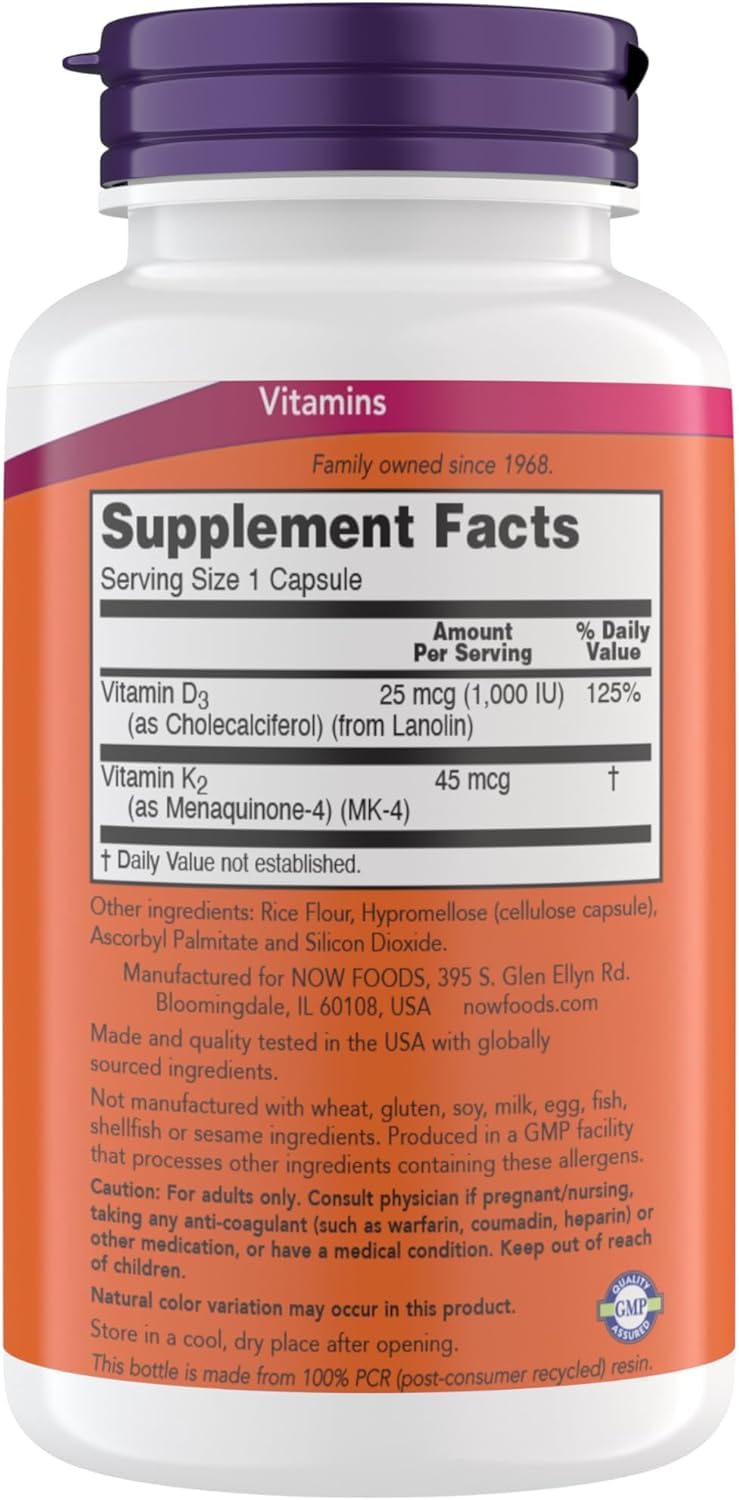  NOW Foods Vitamina D3 K2, etiqueta frontal con dosis para uso diario.