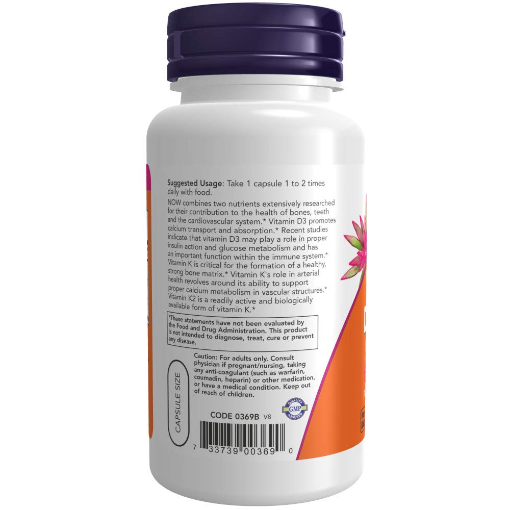 NOW Foods Vitamina D-3 y K-2, etiqueta con certificaciones de calidad