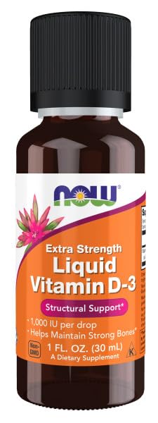 NOW Foods Vitamina D3 Líquida, etiqueta clara para lectura rápida.