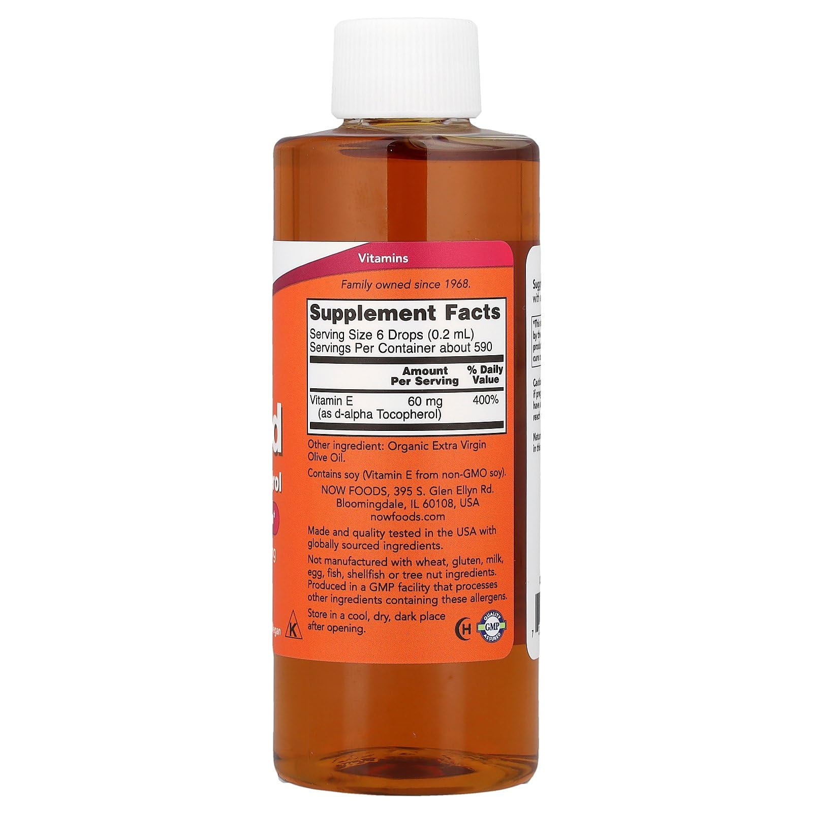 Vitamina E líquida de NOW Foods, aceite para masajes y cuidado cosmético.
