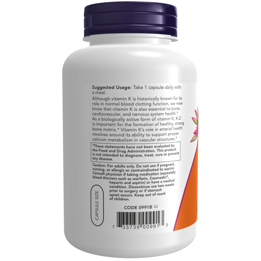NOW Foods Vitamina K-2, posible apoyo al metabolismo del calcio en el cuerpo.