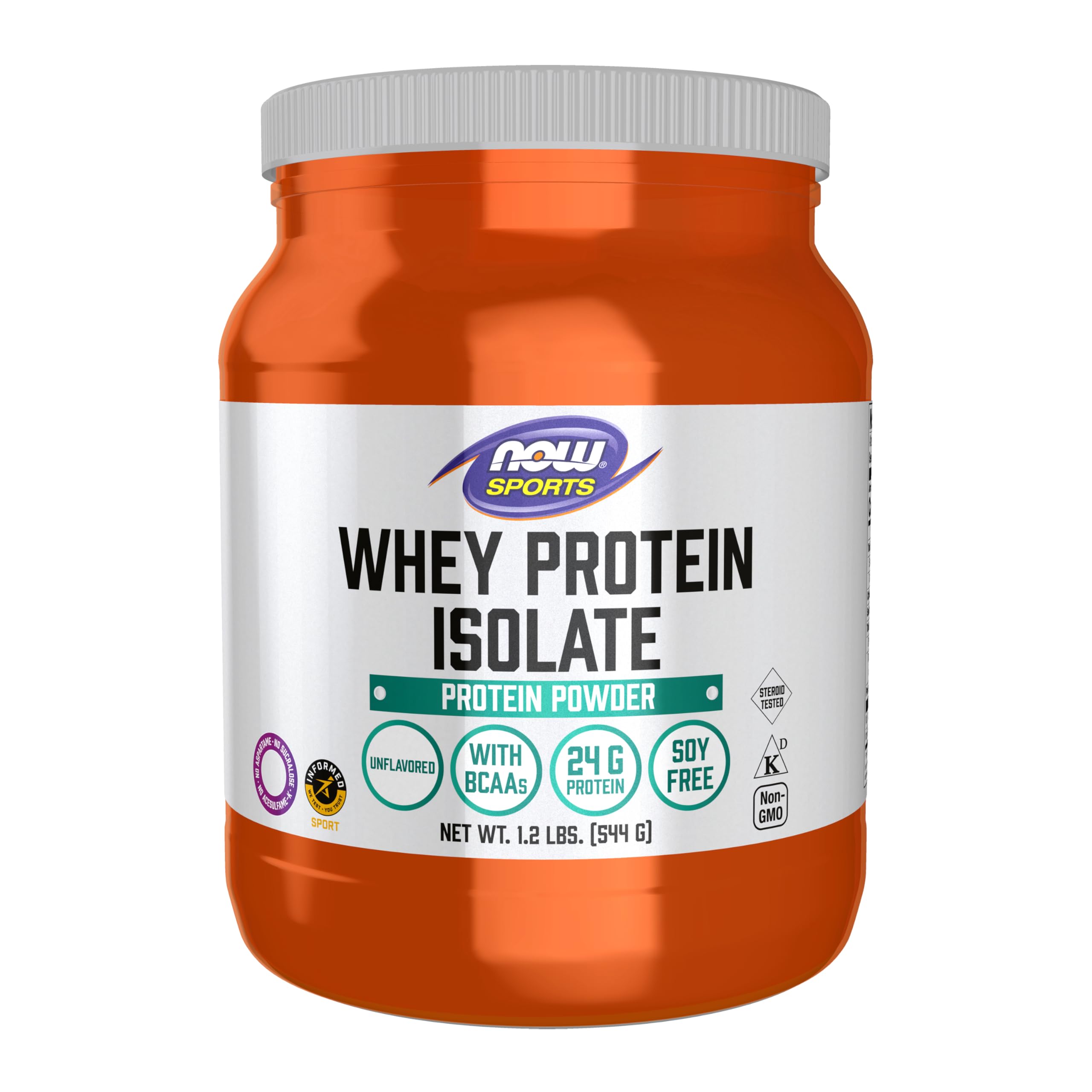 NOW Foods Whey Protein Isolate en bote 1.2 lb sin sabor, aporta 25 g por porción.