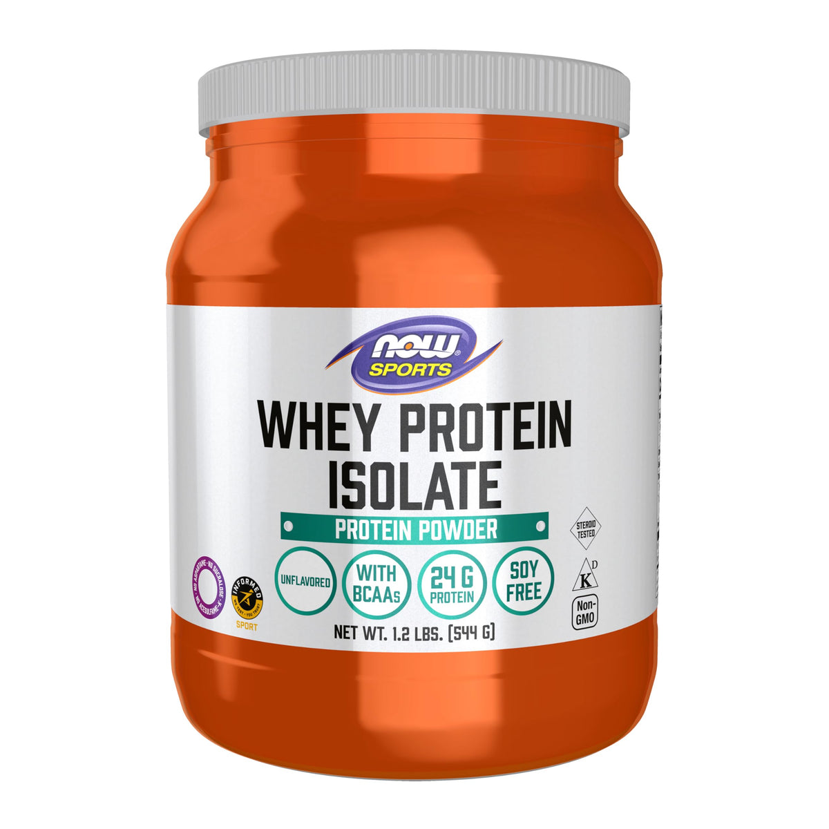 NOW Foods Whey Protein Isolate en bote 1.2 lb sin sabor, aporta 25 g por porción.