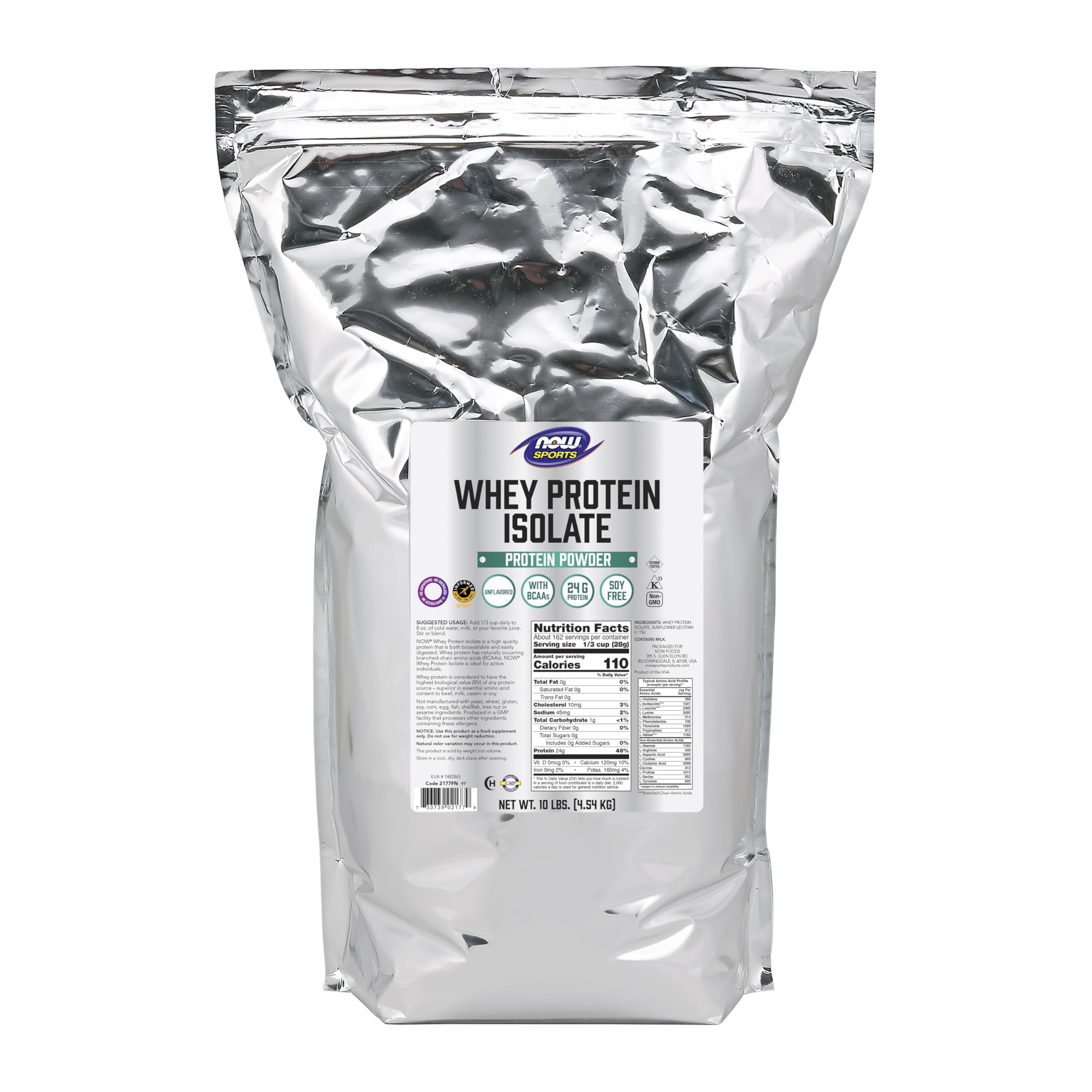 NOW Foods Whey Protein Isolate, empaque frontal, proteína de rápida absorción para entrenamientos.