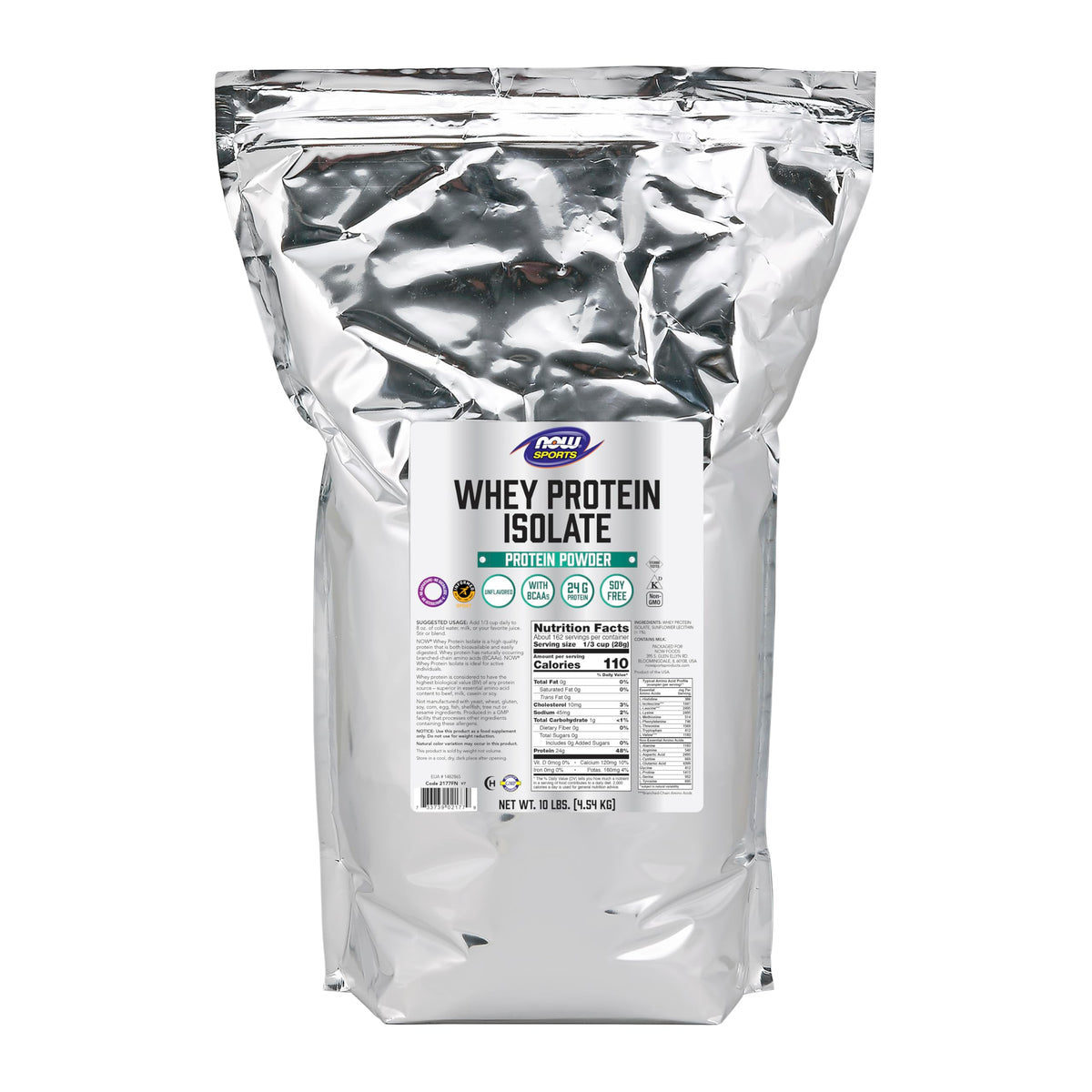 NOW Foods Whey Protein Isolate, empaque frontal, proteína de rápida absorción para entrenamientos.
