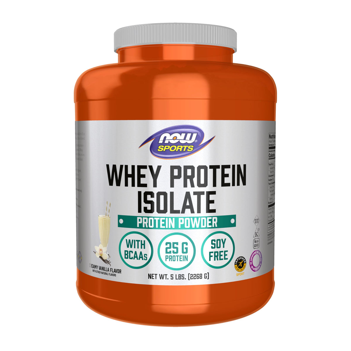 NOW Foods Whey Protein Isolate vanilla powder bottle highlighting fast absorption and taste