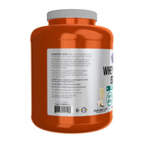 NOW Foods Whey Protein Isolate vanilla tub close-up emphasizes BCAAs and high-quality protein