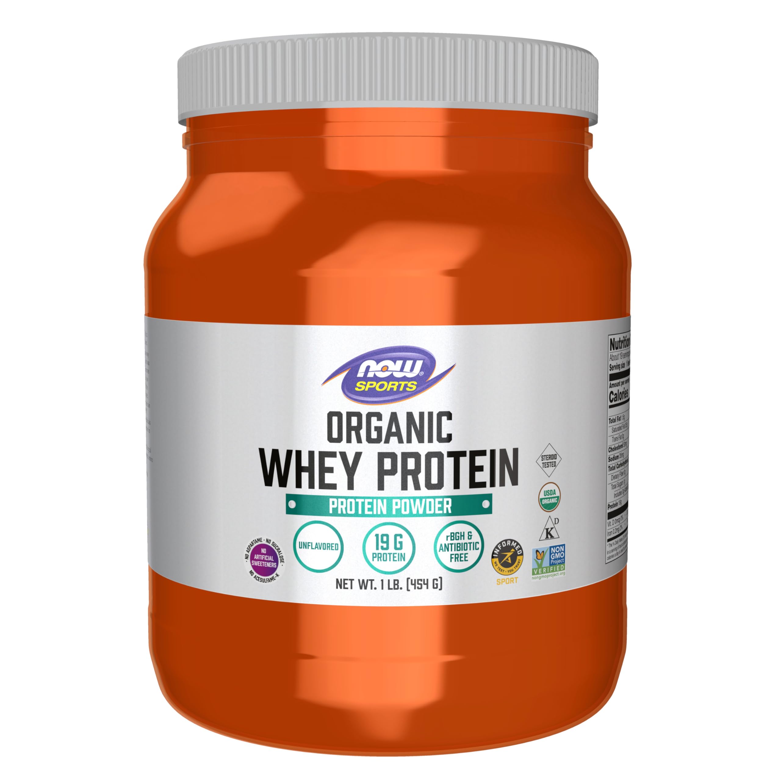 NOW Foods Whey Protein orgánica, etiqueta visible, proteína de calidad para entrenamientos.