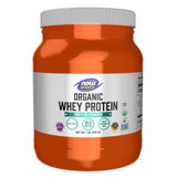 NOW Foods Whey Protein orgánica, etiqueta visible, proteína de calidad para entrenamientos.
