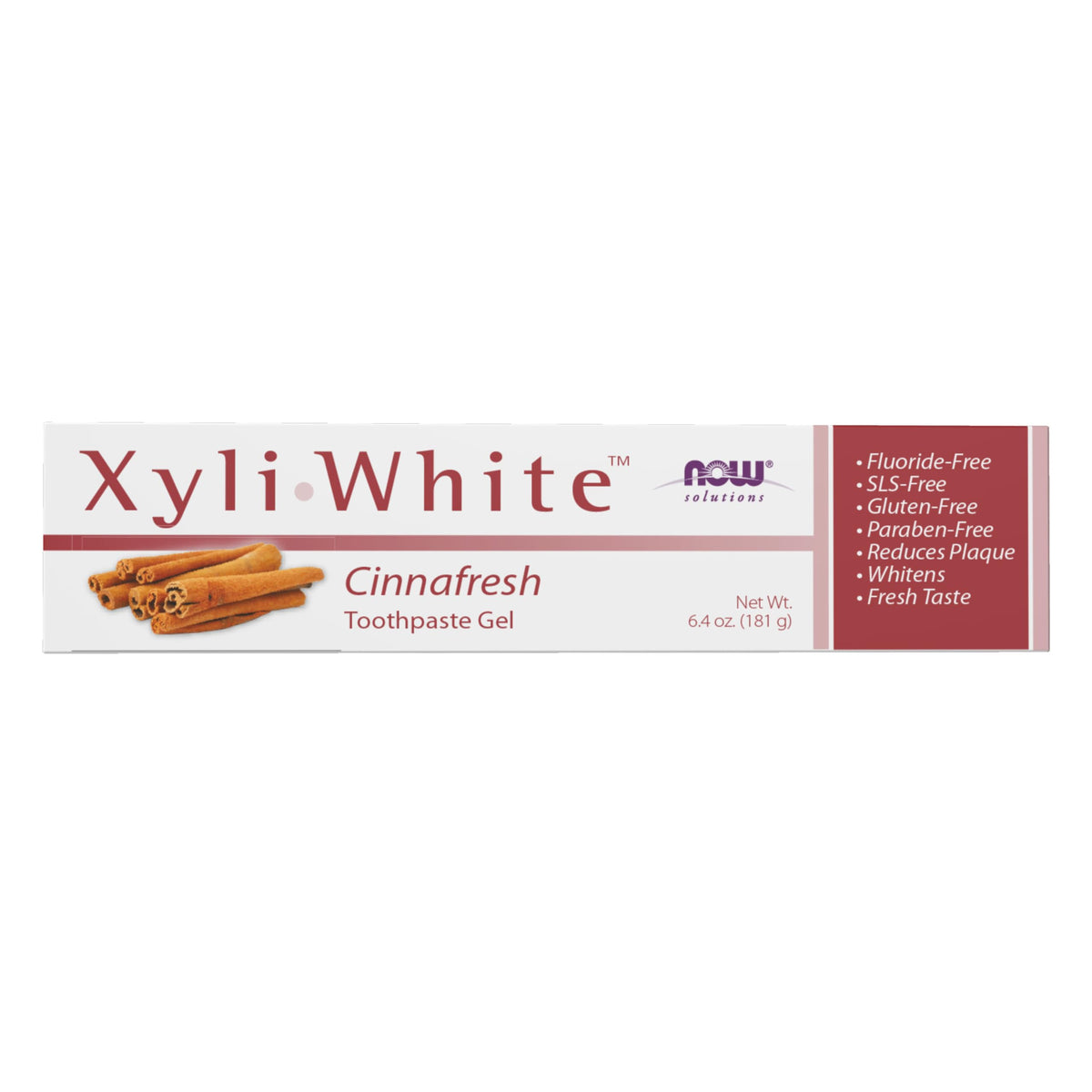 NOW Foods XyliWhite gel dentífrico canela en envase práctico para uso diario.
