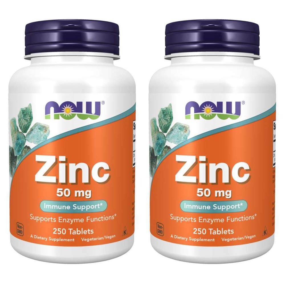 NOW Foods Zinc 50 mg, botella frontal, apoya metabolismo e inmunidad.