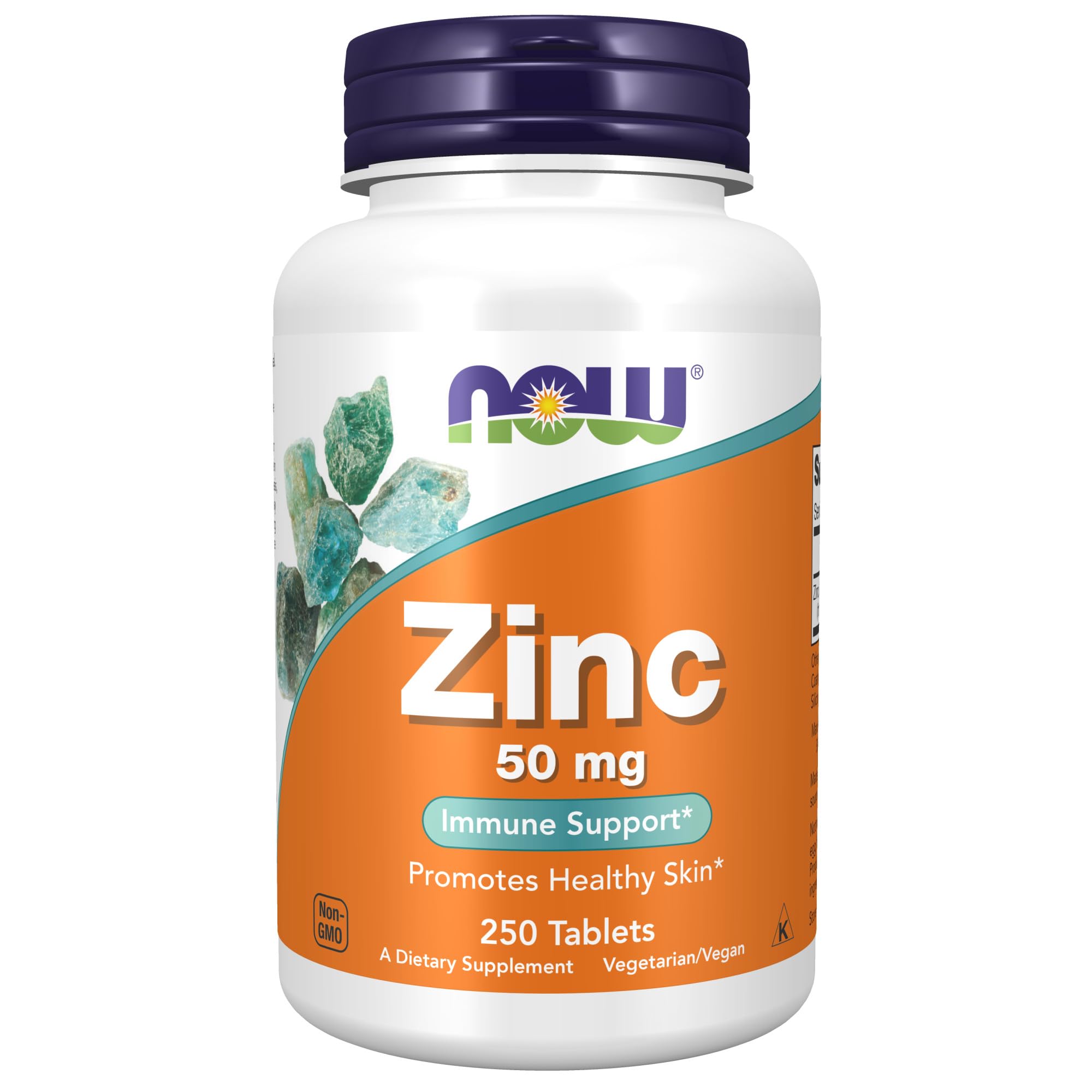 NOW Foods Zinc 50 mg, tabletas en frasco, posible apoyo al sistema inmunitario.