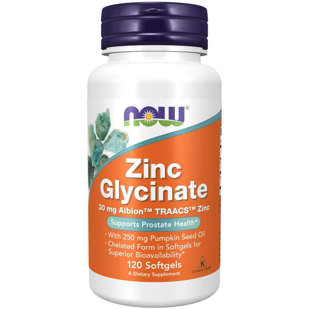 NOW Foods Zinc glicinato, botella con cápsulas suaves que apoyan la salud prostática.