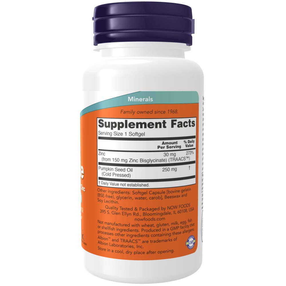 NOW Foods Zinc glicinato, cápsulas suaves con alta absorción para uso diario.