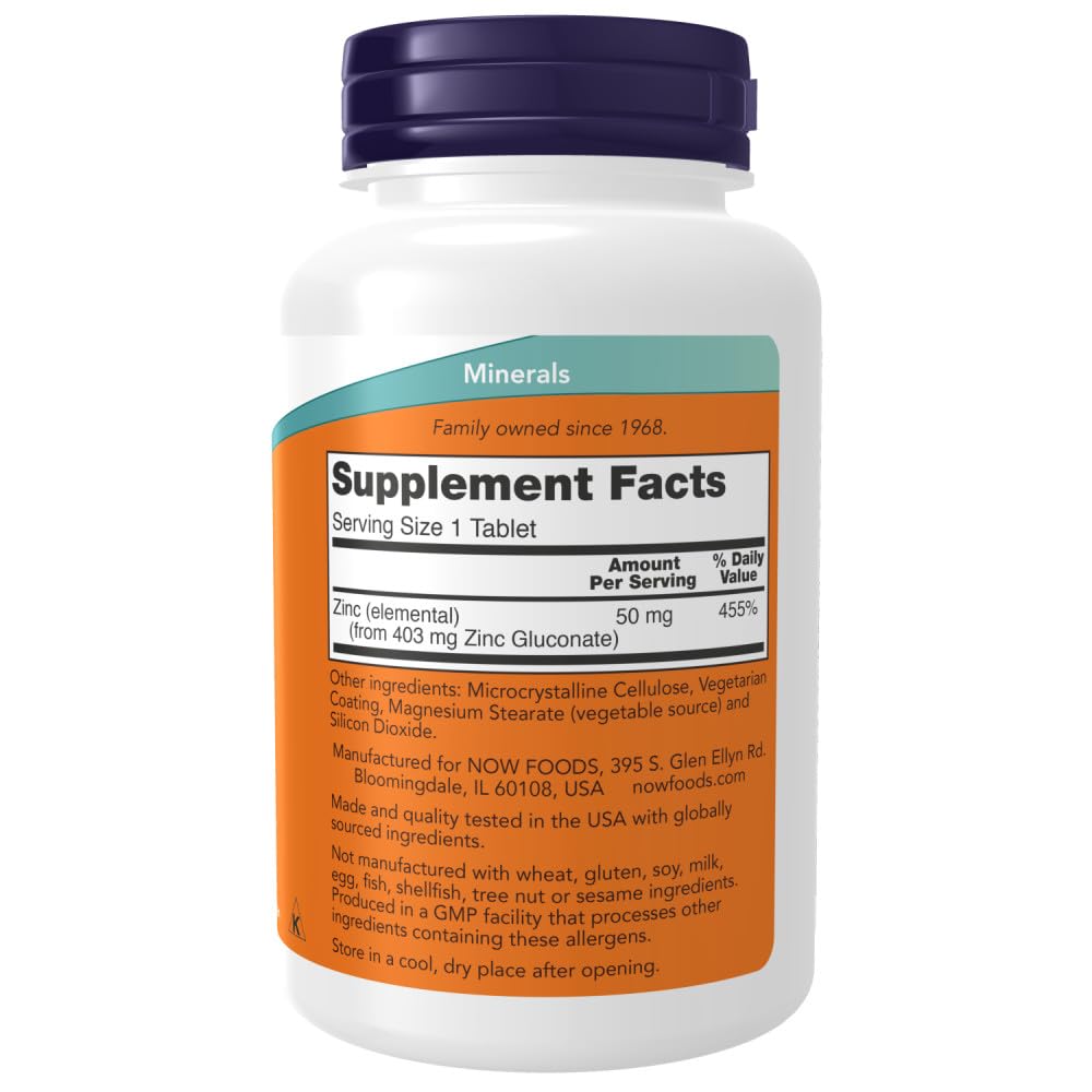 NOW Foods Zinc Gluconate, botella clara para revisar la cantidad.