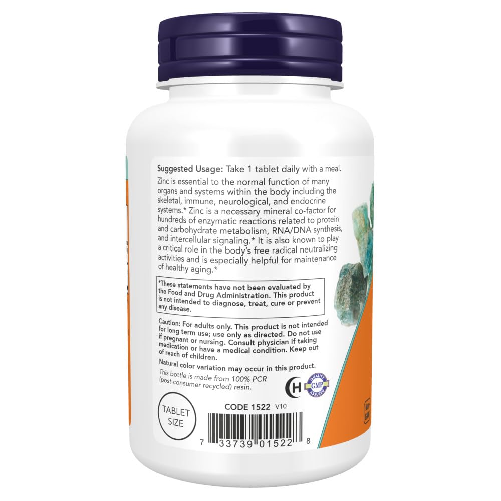 NOW Foods Zinc Gluconate, etiqueta frontal legible con datos clave.