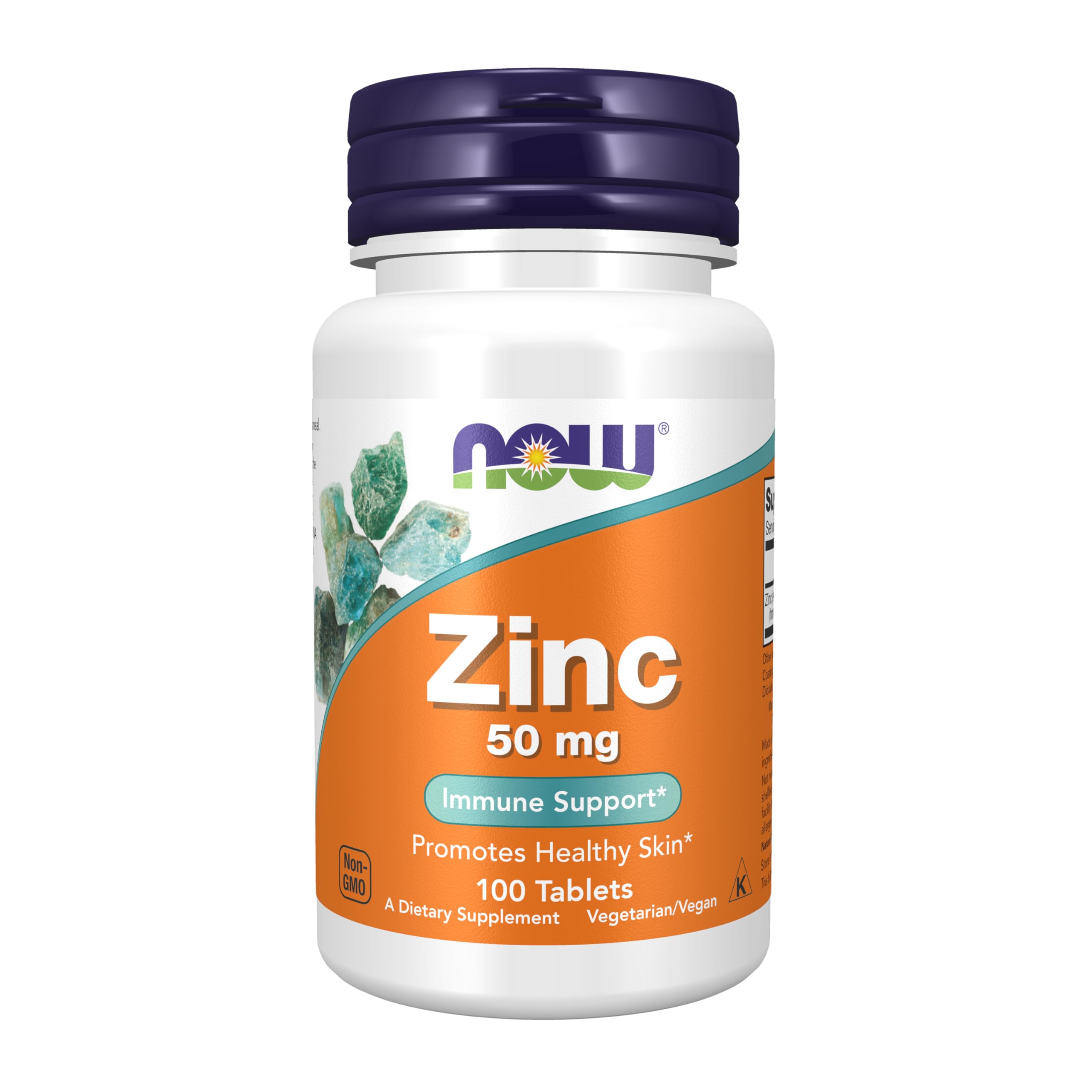 NOW Foods Zinc Gluconato 50 mg, botella, soporte de enzimas y función inmune.