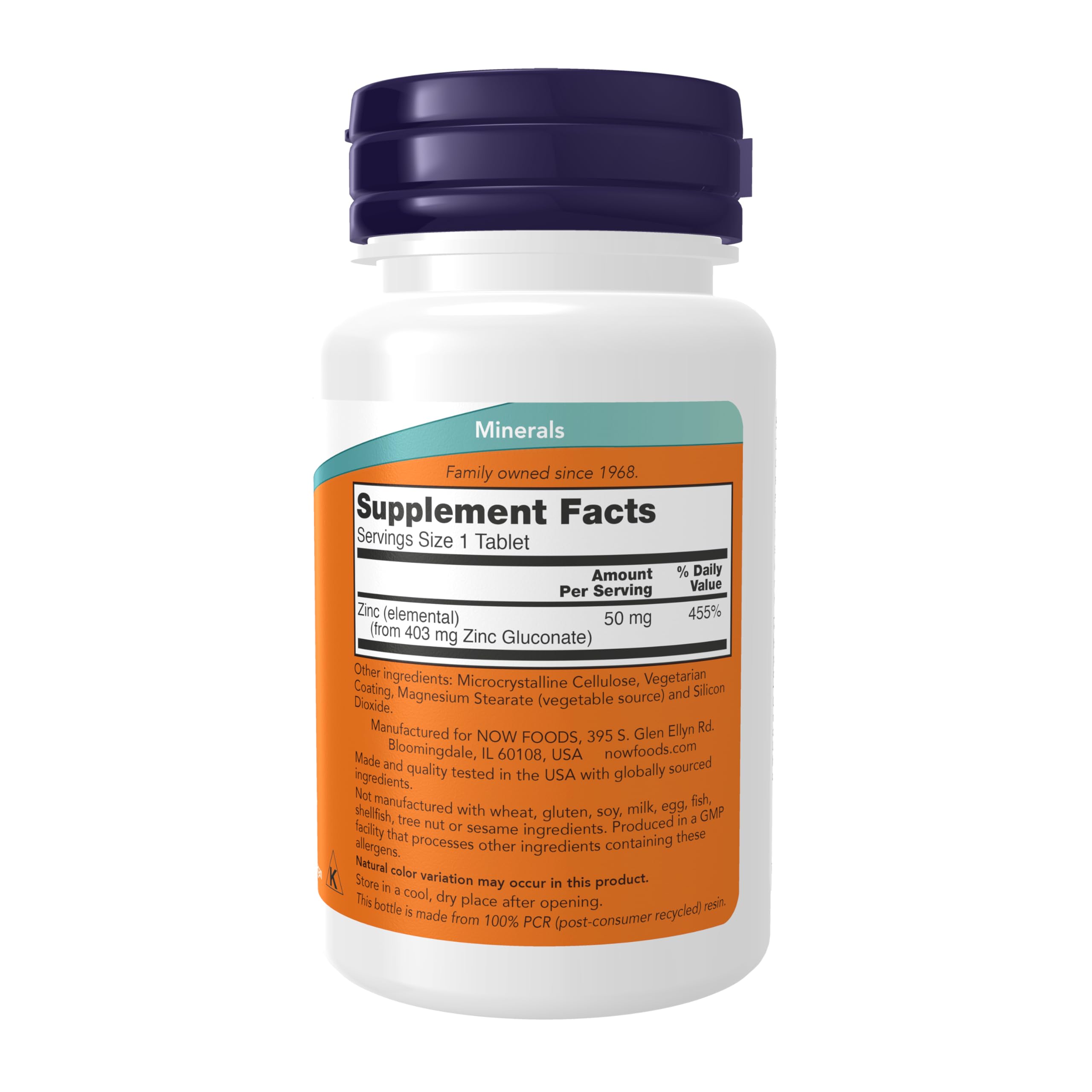 NOW Foods Zinc Gluconato 50 mg, tabletas, dosis diaria para bienestar general.