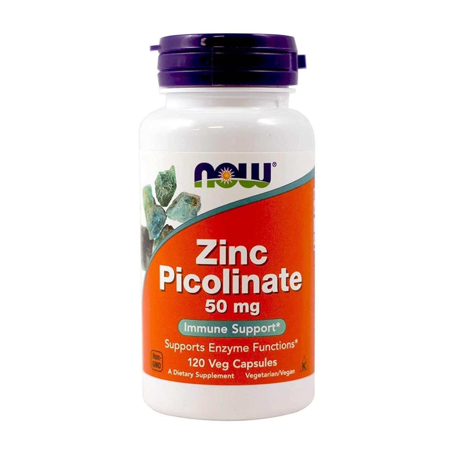 NOW Foods Zinc Picolinate 50 mg cápsulas, botella visible para apoyo inmune diario.