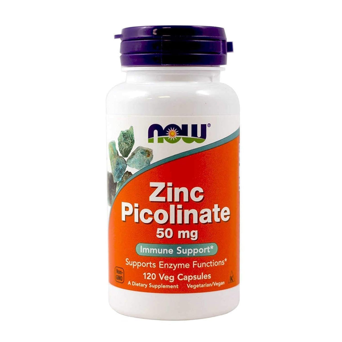 NOW Foods Zinc Picolinate 50 mg cápsulas, botella visible para apoyo inmune diario.