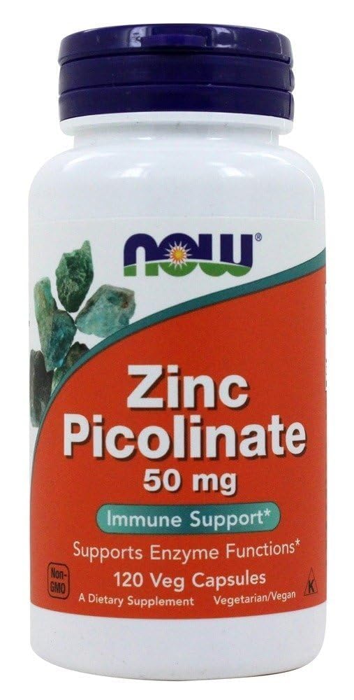 NOW Foods Zinc Picolinate 50 mg, etiqueta legible, optimizando la ingesta diaria de zinc.