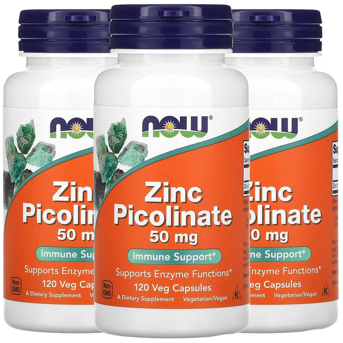 NOW Foods Zinc Picolinate en botella, enfoque frontal de etiqueta para uso diario.