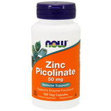 NOW Foods Zinc Picolinate, cápsulas veganas en primer plano para suplemento diario.