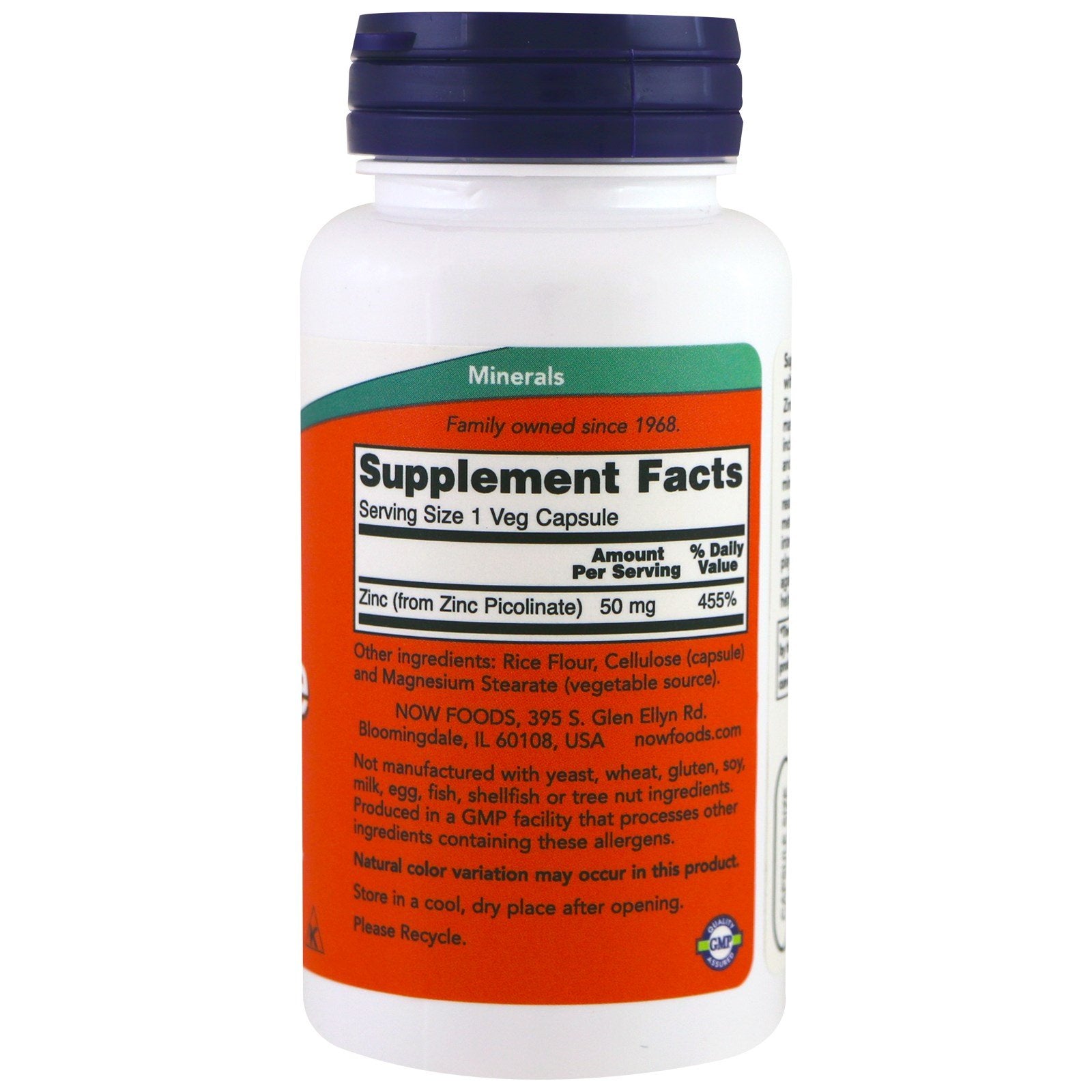 NOW Foods Zinc Picolinate: etiqueta clara y sello GMP visibles de calidad.