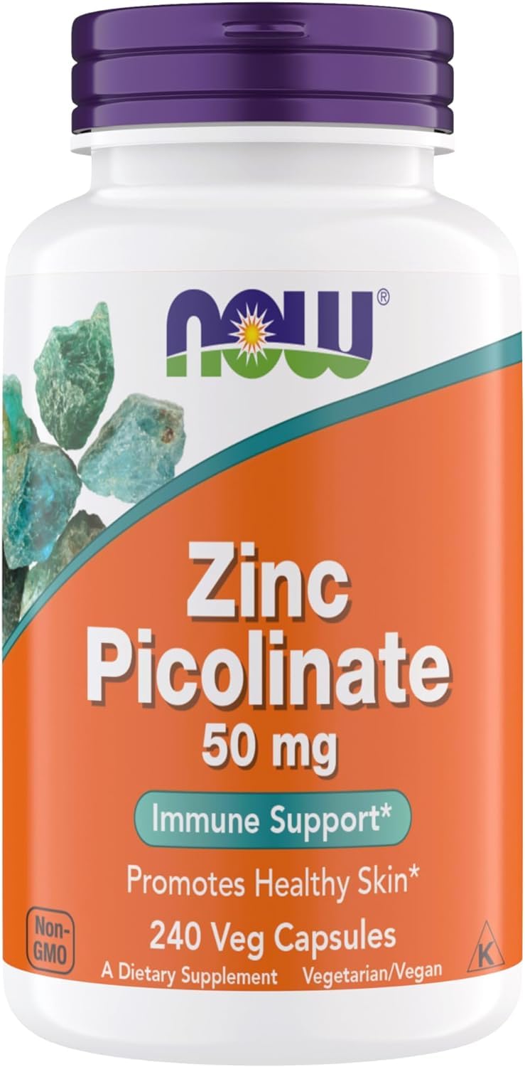 NOW Foods Zinc Picolinato 50 mg: cápsulas en bote para soporte inmunitario diario.