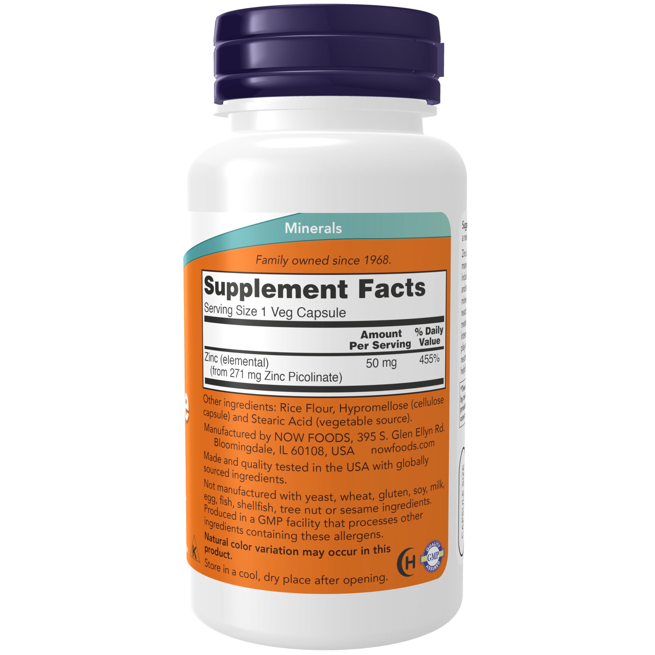 NOW Foods Zinc Picolinato 50 mg, cápsulas: apoyo al metabolismo y defensa antioxidante.