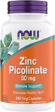 NOW Foods Zinc Picolinato 50 mg: cápsulas en bote para soporte inmunitario diario.