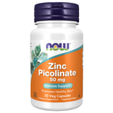 NOW Foods Zinc Picolinato 50 mg envase frontal, apoyo a funciones enzimáticas