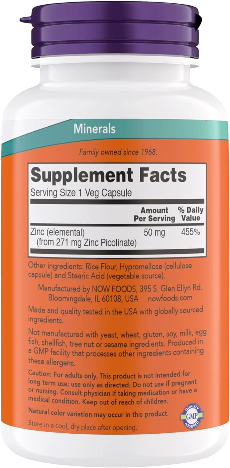 NOW Foods Zinc Picolinato: cápsulas para optimizar funciones enzimáticas del cuerpo.