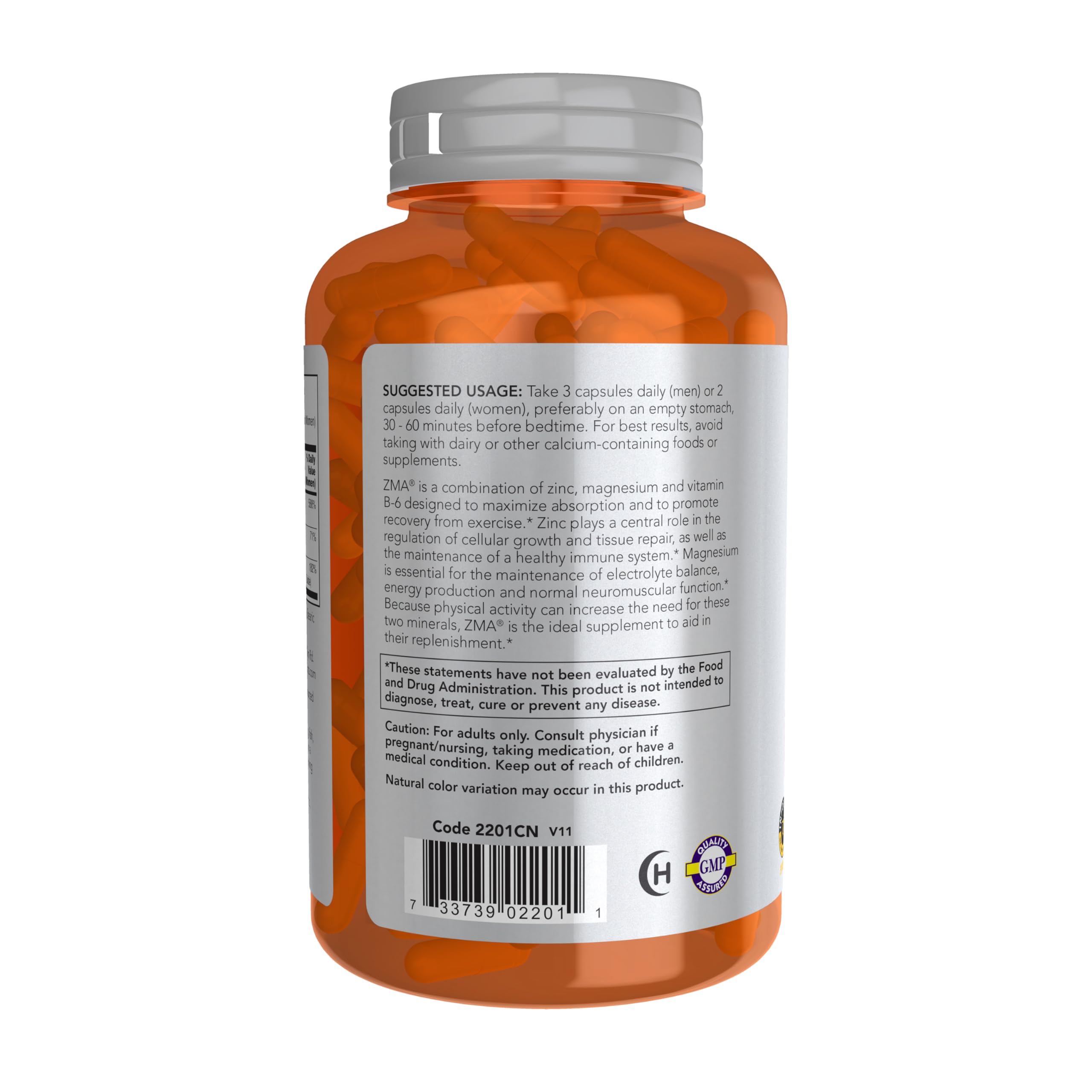 NOW Foods ZMA: etiqueta detallada con zinc y magnesio para soporte deportivo.