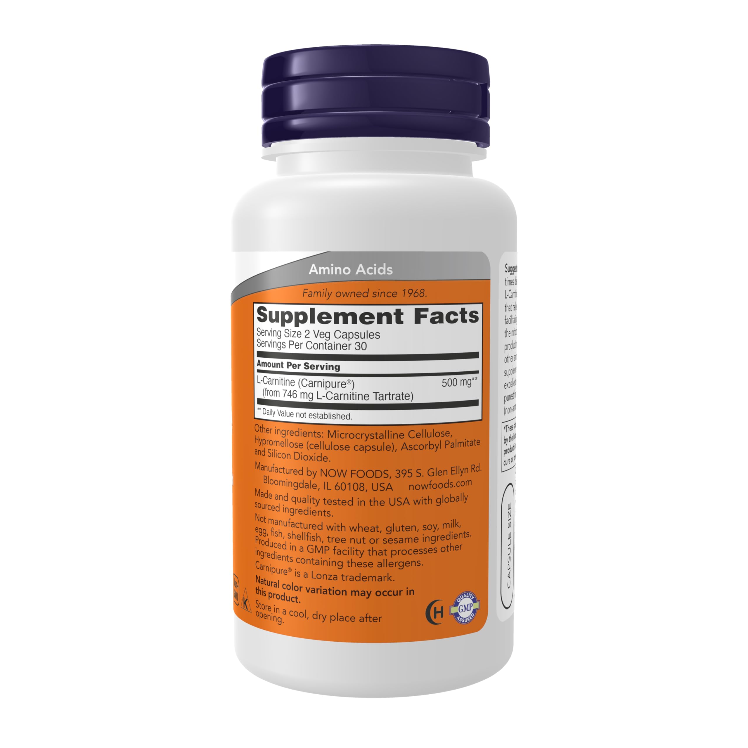 Envase de NOW L-Carnitina en bote vegetariano de 250 mg