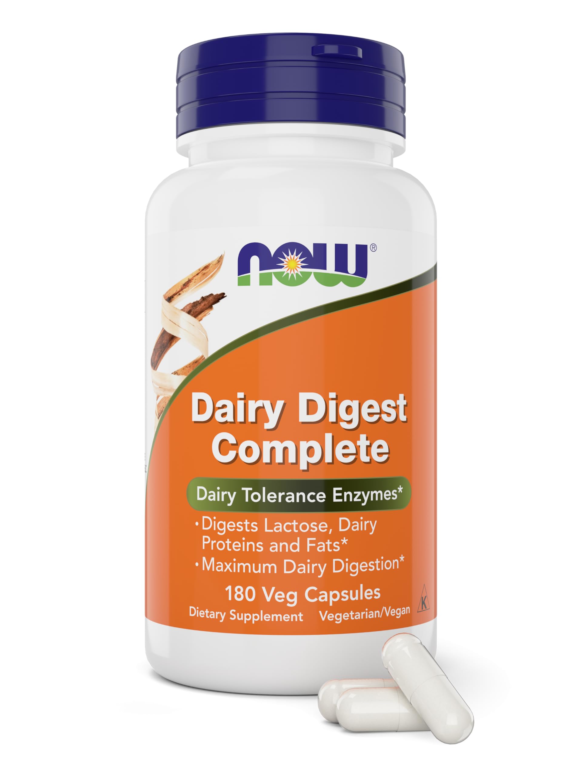 NOW Dairy Digest Complete – botella con cápsulas, apoyo para la digestión de lácteos.