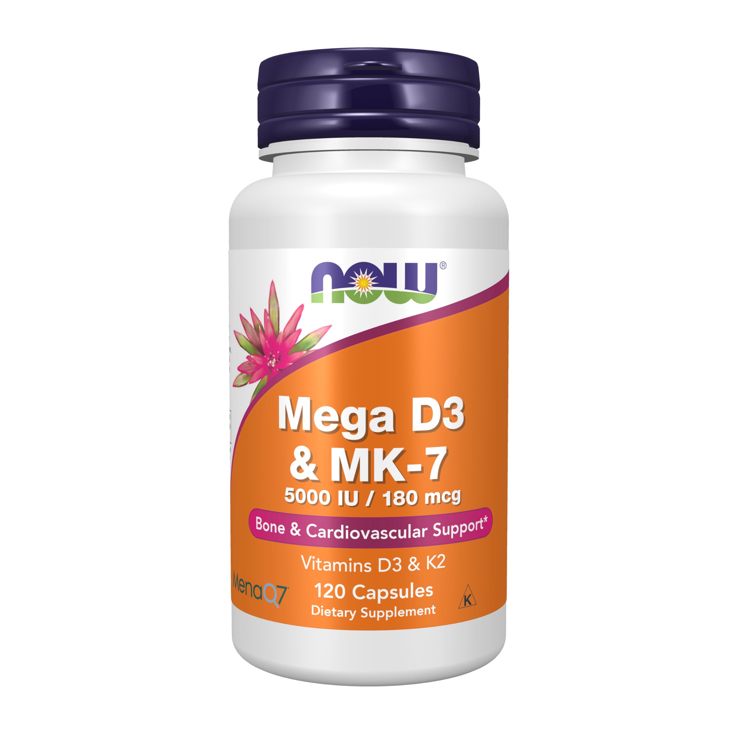 NOW Mega D3 MK7, botella-cápsulas: apoyo a la salud ósea y dental.