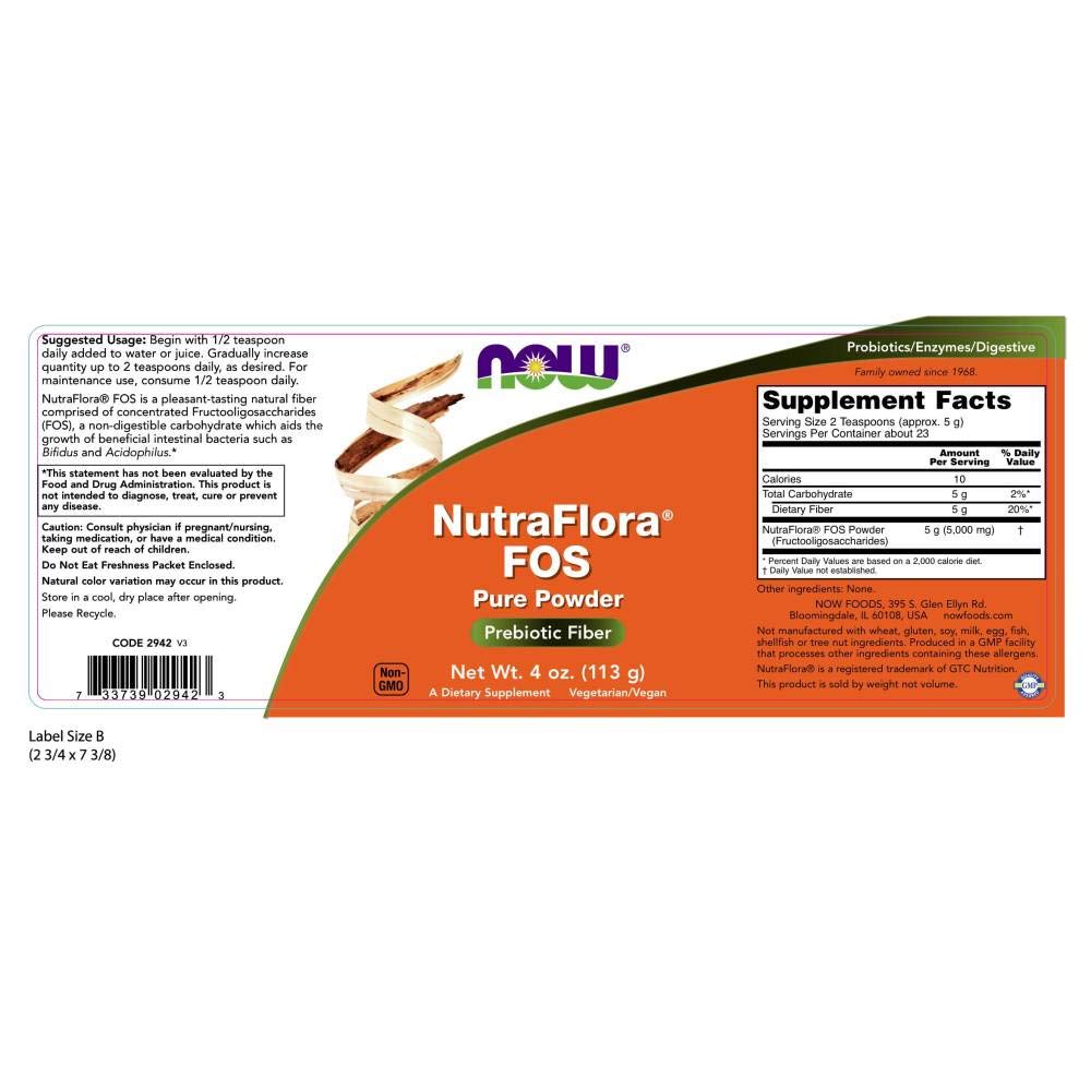 NOW Nutra Flora Fos sabor-agradable, polvo listo para mezclar en bebidas.