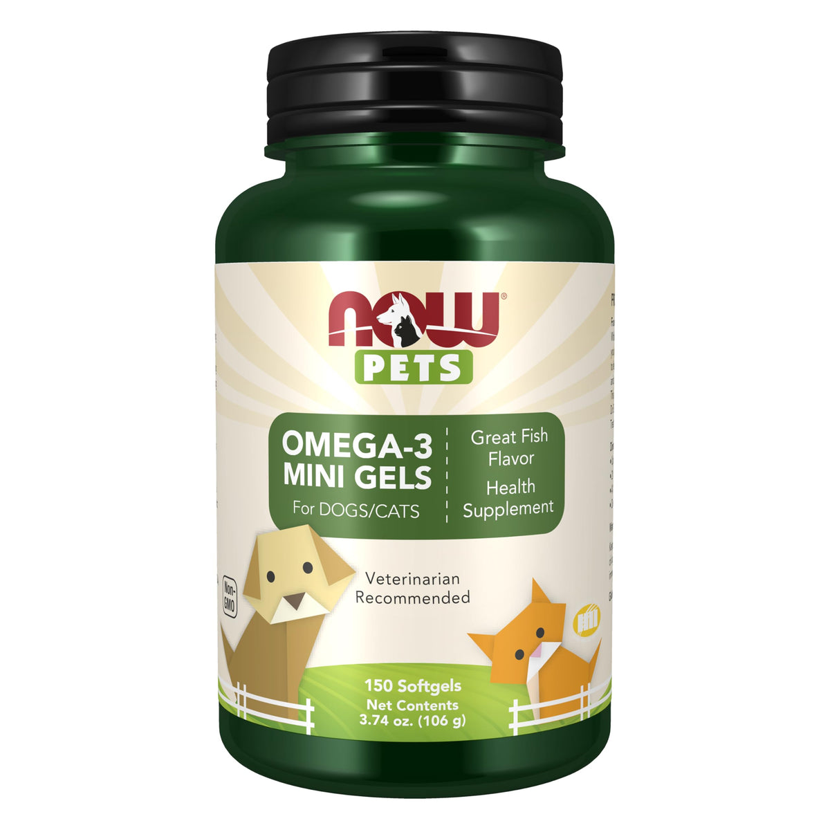NOW Pets Omega-3 Mini Gel en botella para mascotas, beneficio para articulaciones.