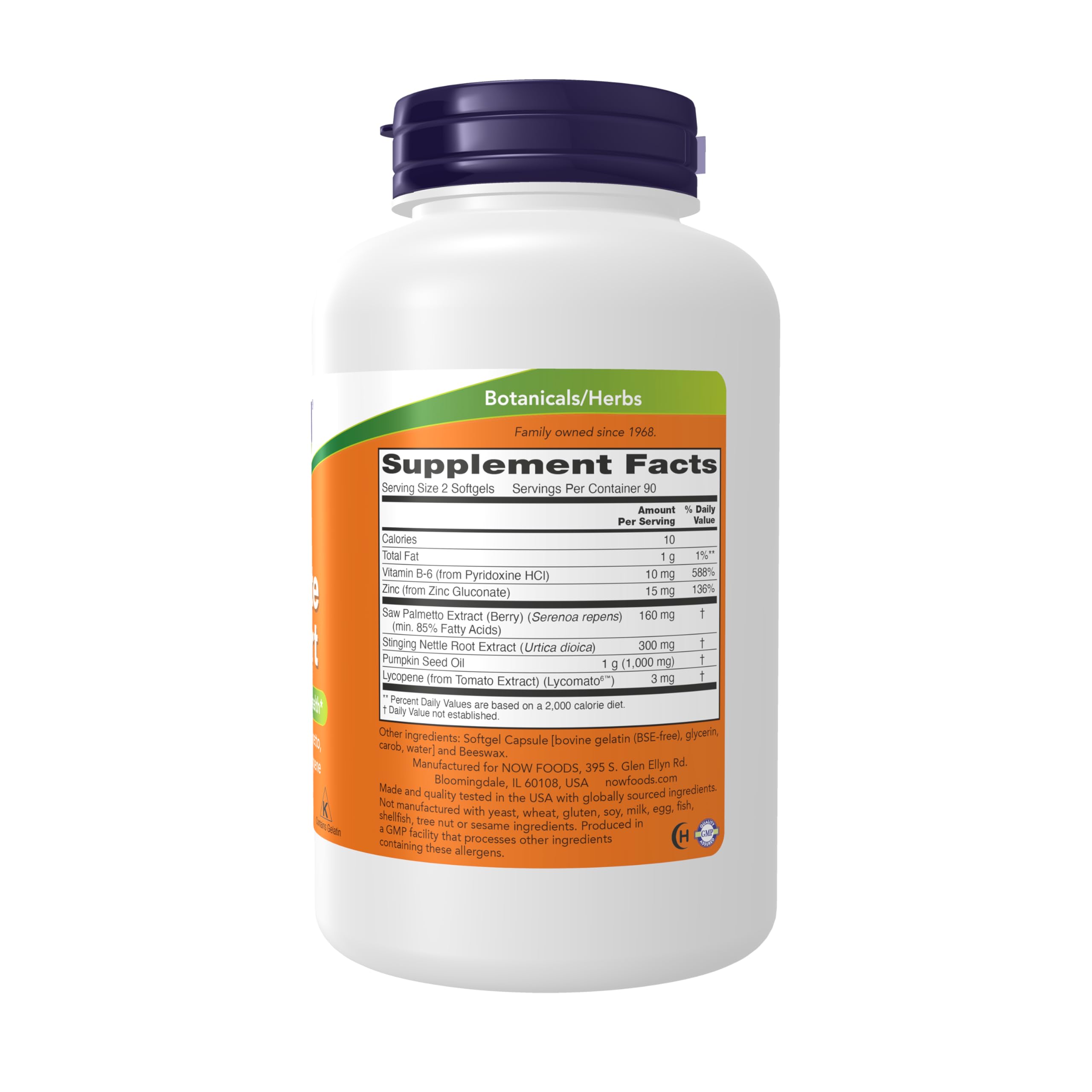 NOW Prostate Support: etiqueta clara destacando ingredientes clave