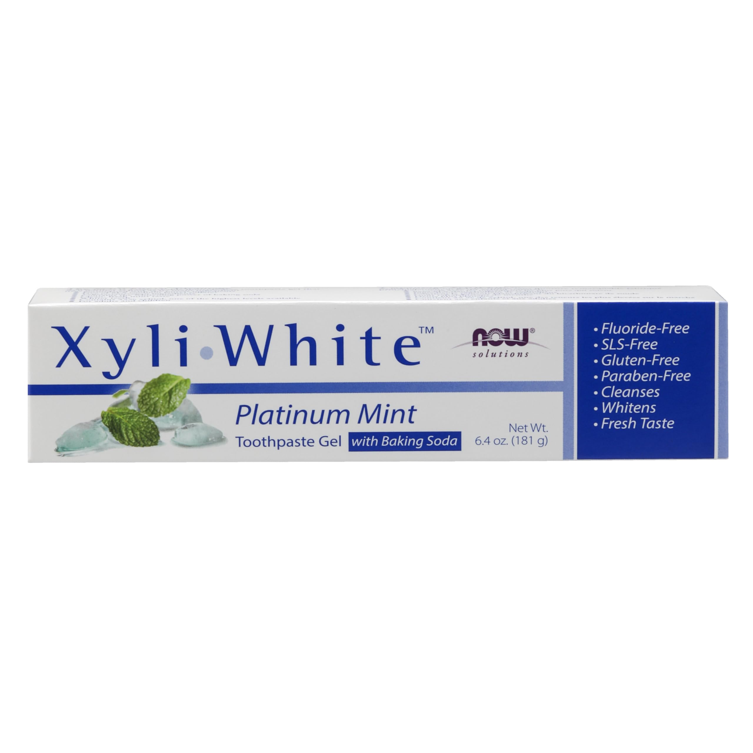 NOW Solutions XyliWhite gel dental Platinum Mint, empaque visible y sensación fresca al abrir