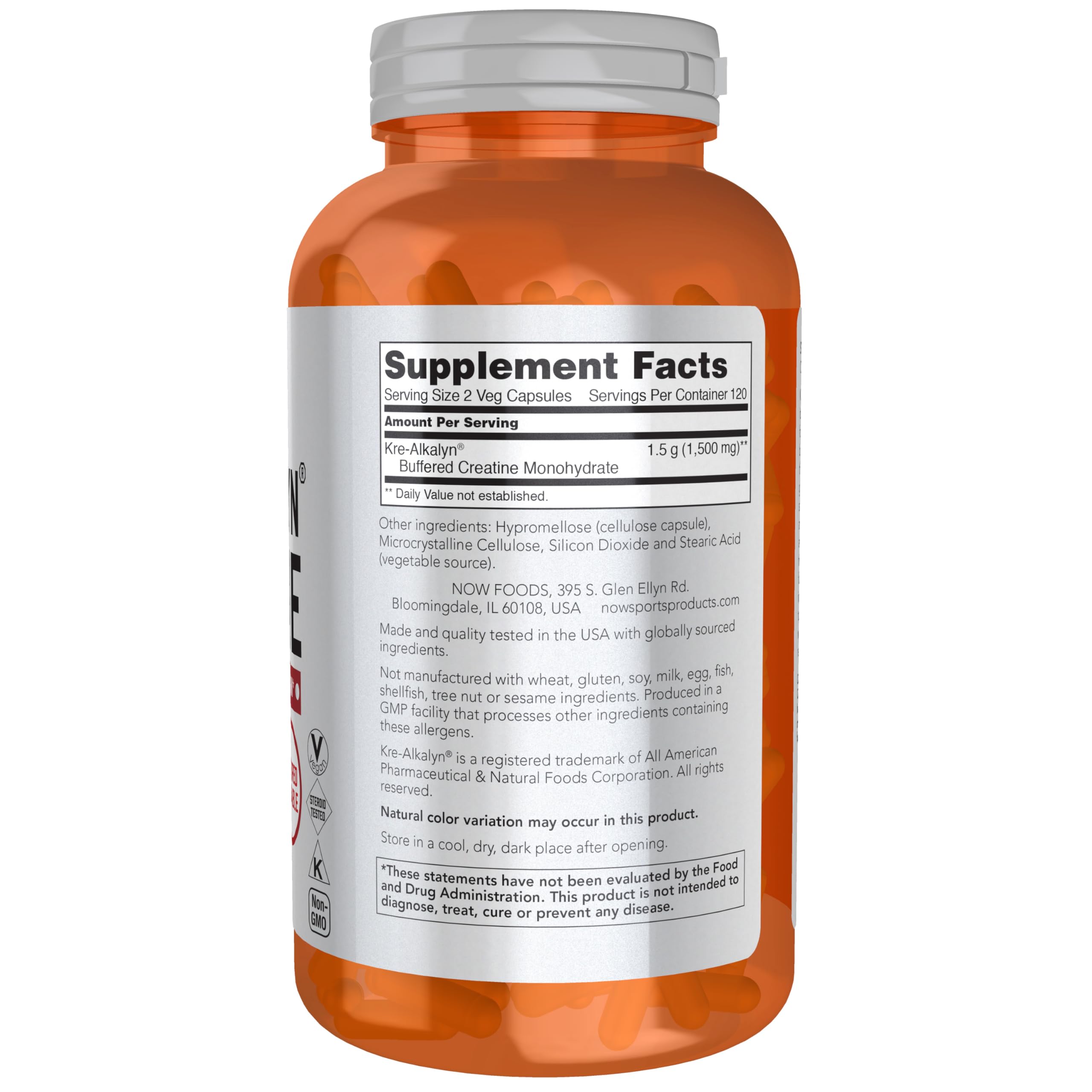 Etiqueta de NOW Foods Kre-Alkalyn; información clara y útil para uso