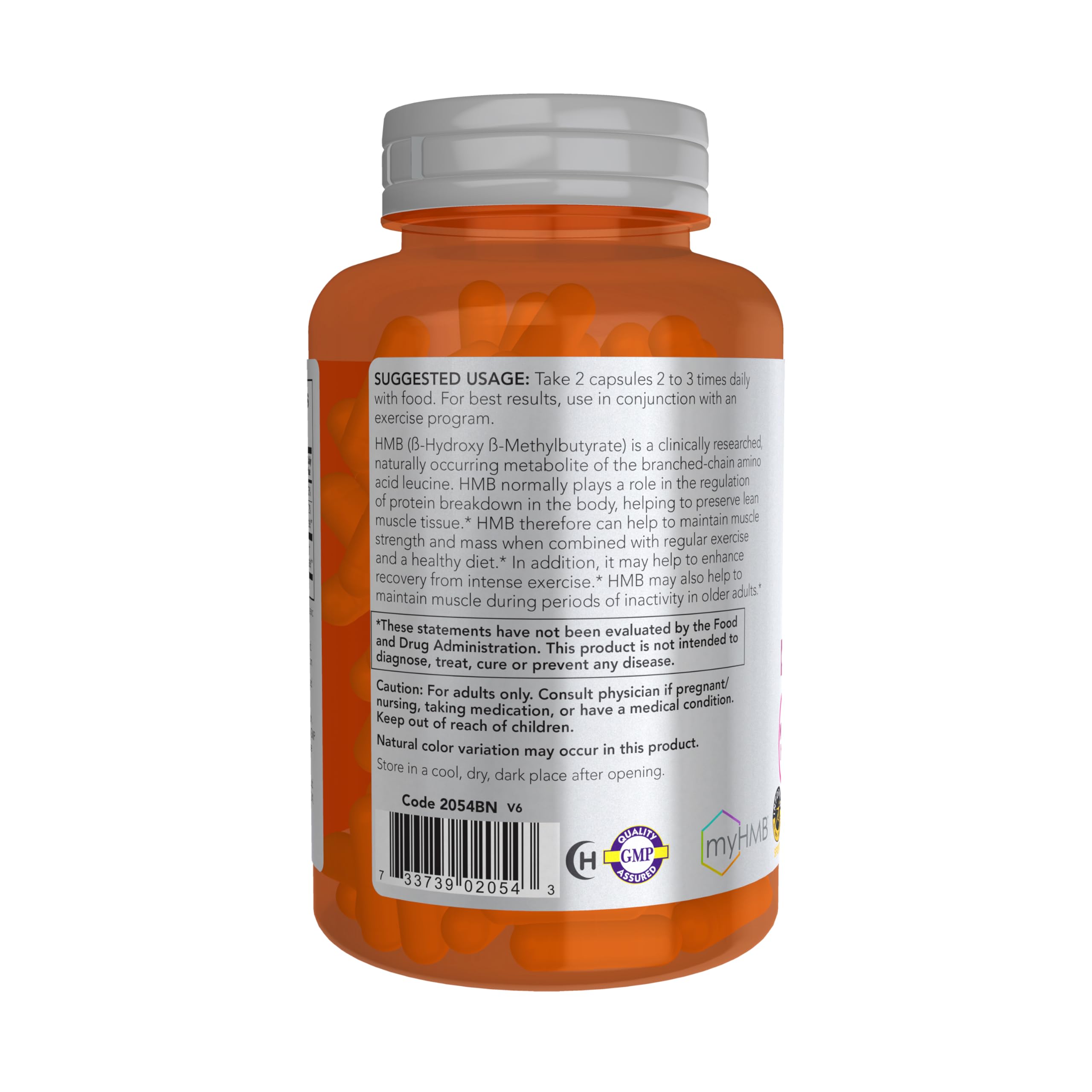 NOW Foods HMB caja carton, empaque práctico para almacenamiento y uso diario.