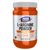 NOW Foods L-Arginina en polvo dentro del envase, posible apoyo al metabolismo de proteínas