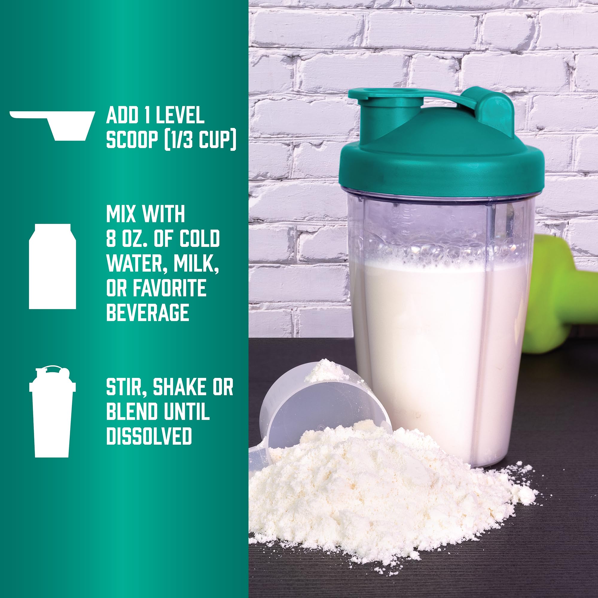 Batido NOW Foods Whey Protein en vaso listo para beber.