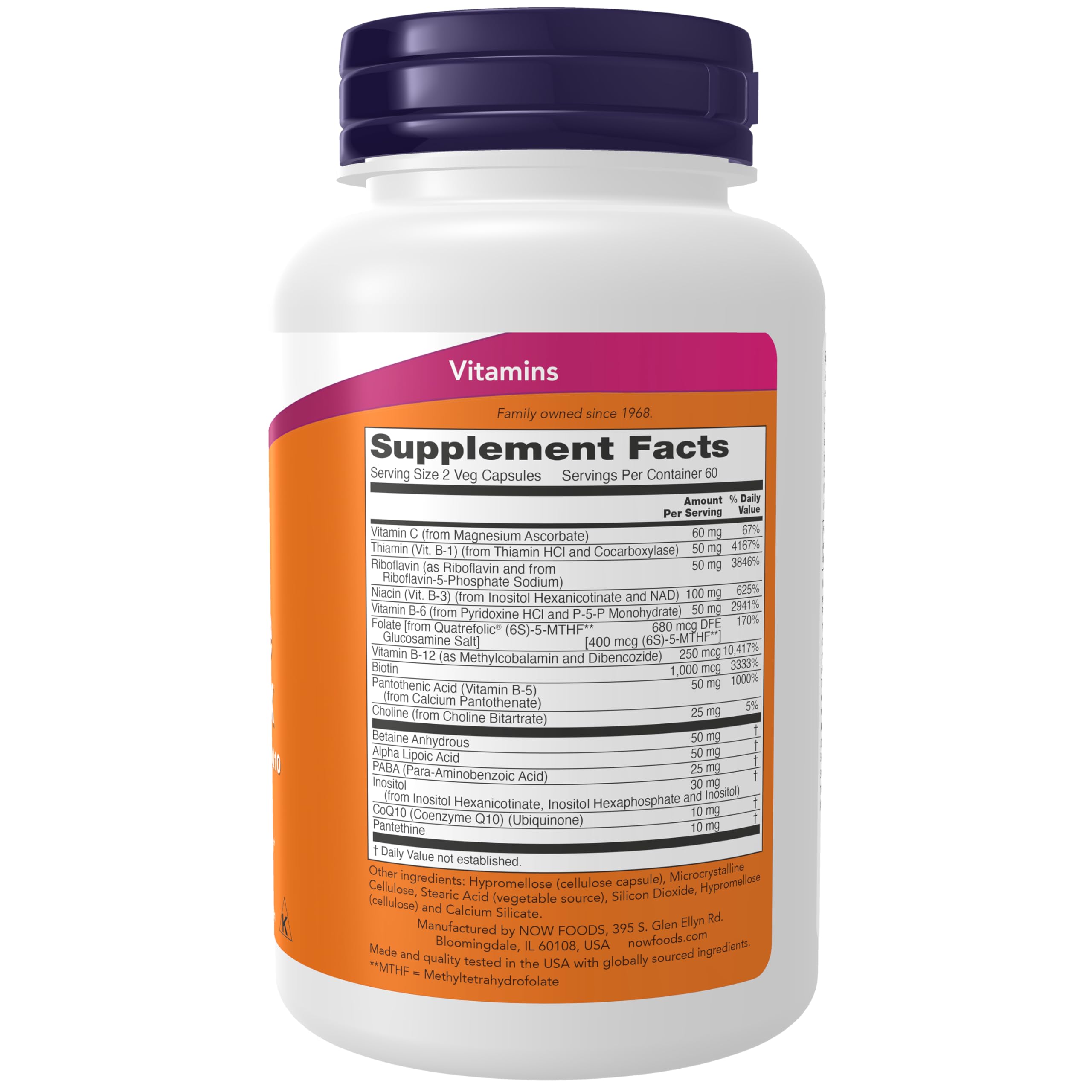 NOW Foods Co-Enzyme B-Complex, etiqueta cercana, indicaciones de uso y beneficios energéticos.
